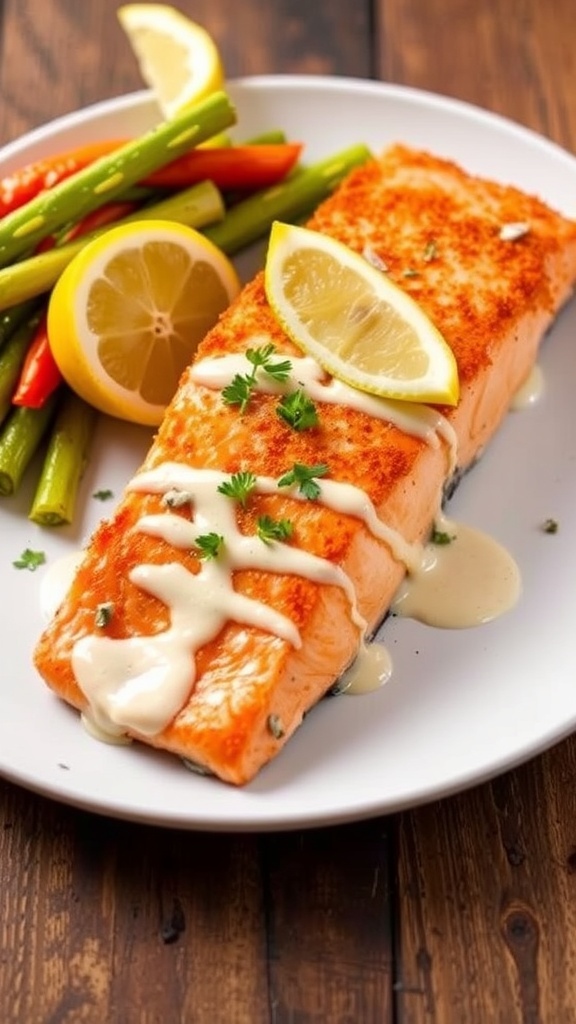Crispy air fryer salmon fillet with mayo glaze, garnished with herbs and lemon, served with vegetables on a rustic table.
